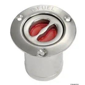 Mirror polished stainless steel flush fuel filler cap with a handle for opening.