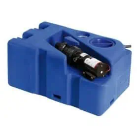 Black water tank with horizontal macerator and hose fittings.